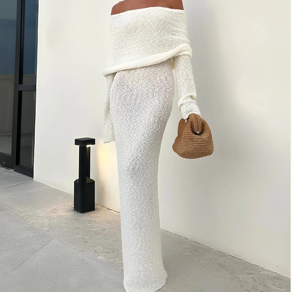 Meshki Dresses & Skirts - Meshki Marisol Off Shoulder Boucle Maxi Dress - Ivory